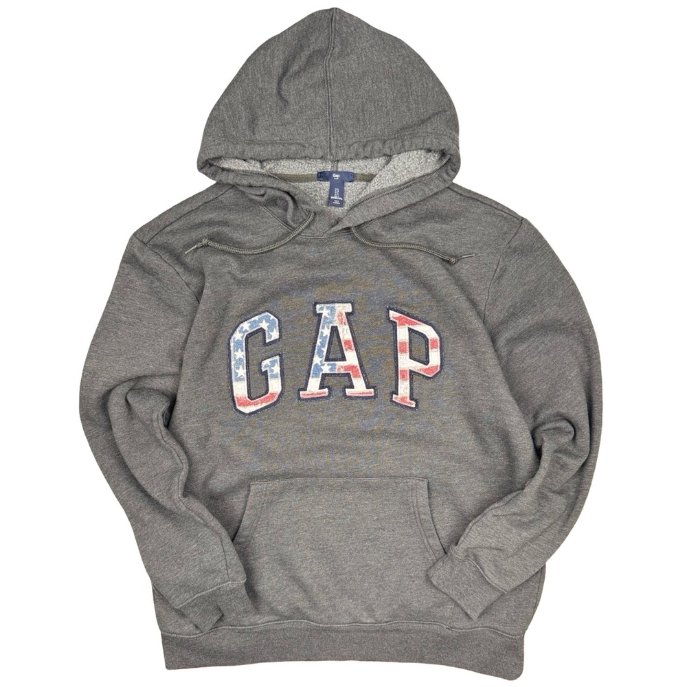 Gap USA Flag Logo Hoodie Mens Large Gray Fleece Lined Pullover Americana
